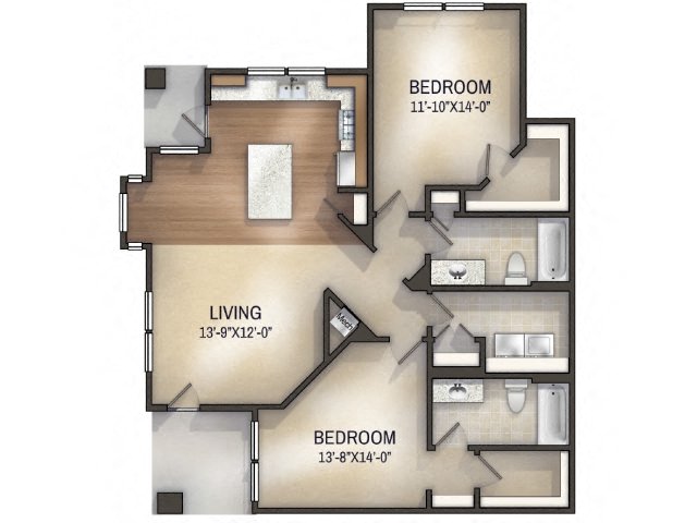 Floor plan for 2 beds, 2 baths, 1195 sqft